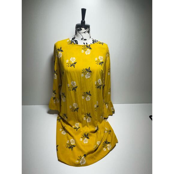 Old Navy Women’s Golden Yellow Floral Print Size Large Ruffle Bell Sleeve Dress - Picture 1 of 7